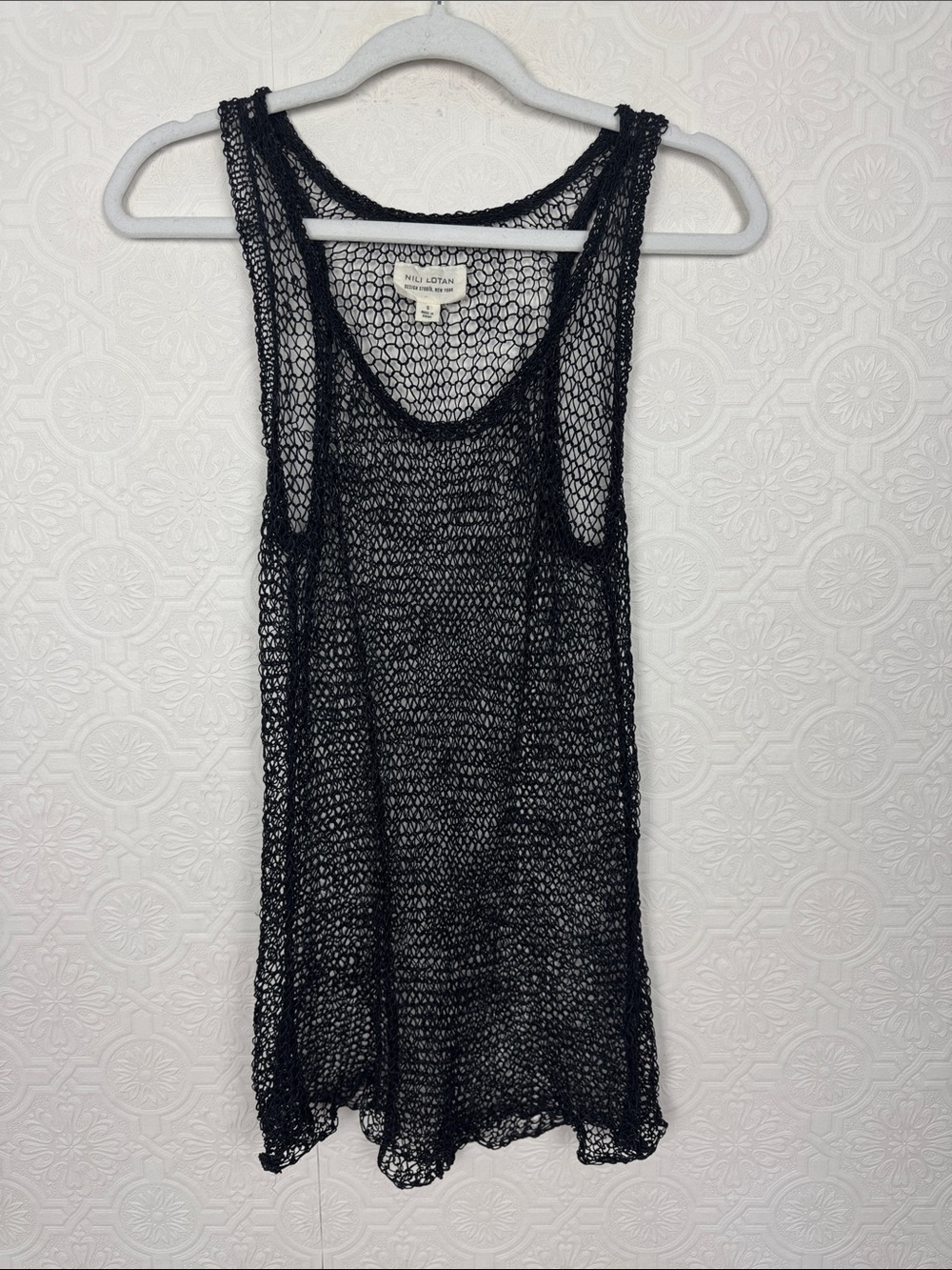 Nili Lotan Open‎ Knit Mesh Tank Top Women’s Small Black Sheer Linen Blend